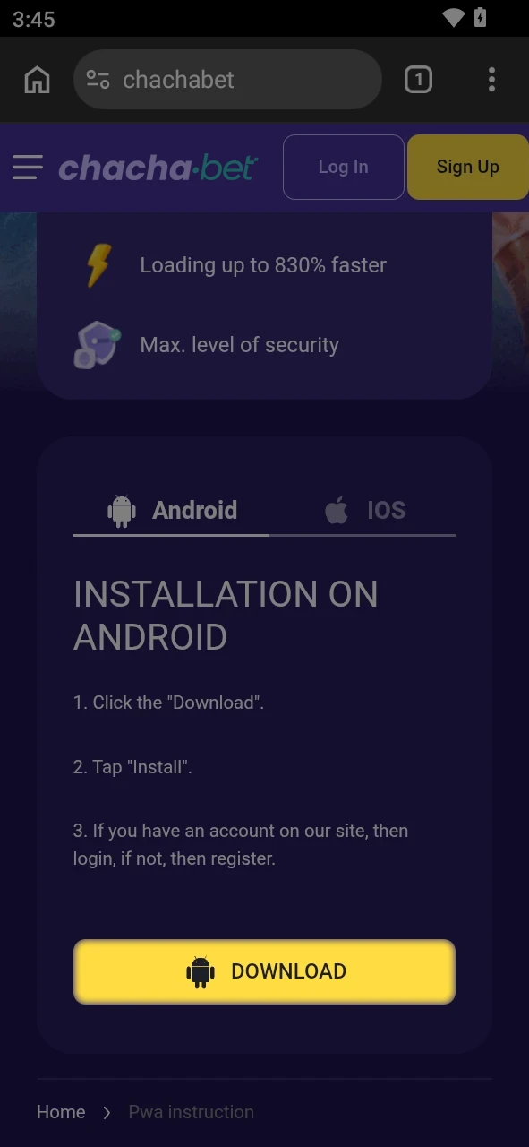 Gebruik de link om de Chachabet app voor Android te downloaden.