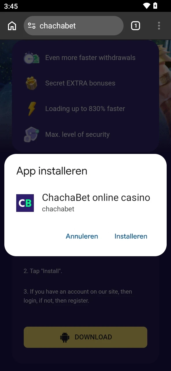 Bevestig de procedure om de Chachabet Android app succesvol bij te werken.
