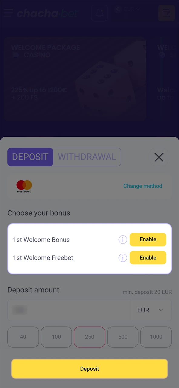 Activeer de geselecteerde bonus en begin direct met spelen bij ChachaBet Official.