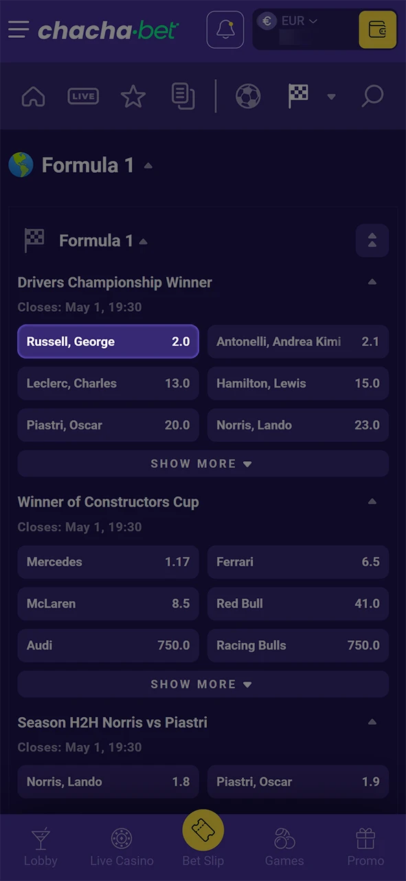 Selecteer een Formule 1 markt en bepaal je inzet bij ChachaBet.