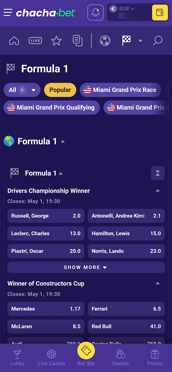 Navigeer eenvoudig naar het uitgebreide Formule 1 aanbod binnen ChachaBet.