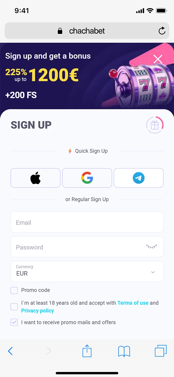 Maak een account aan na het Downloaden van de Chachabet iOS App.