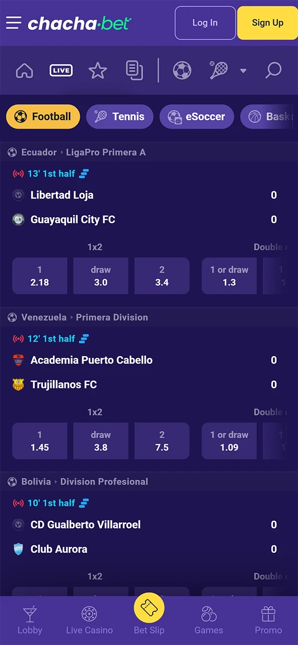 Open de sport sectie in de ChachaBet App en plaats je mobiele weddenschappen.