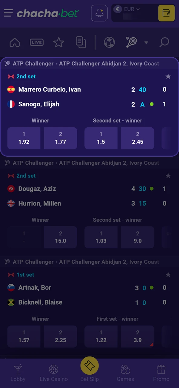 Kies een spannende tennis wedstrijd en selecteer je favoriete markt bij ChachaBet.