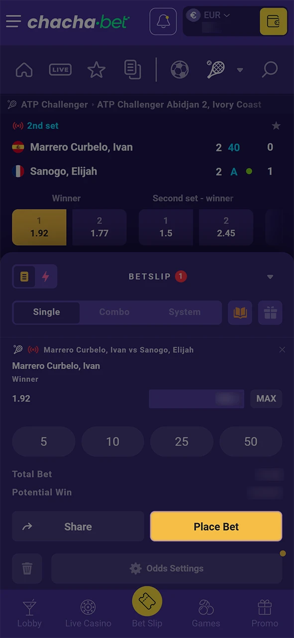 Voeg je tennis selectie toe en bevestig je inzet direct bij ChachaBet.