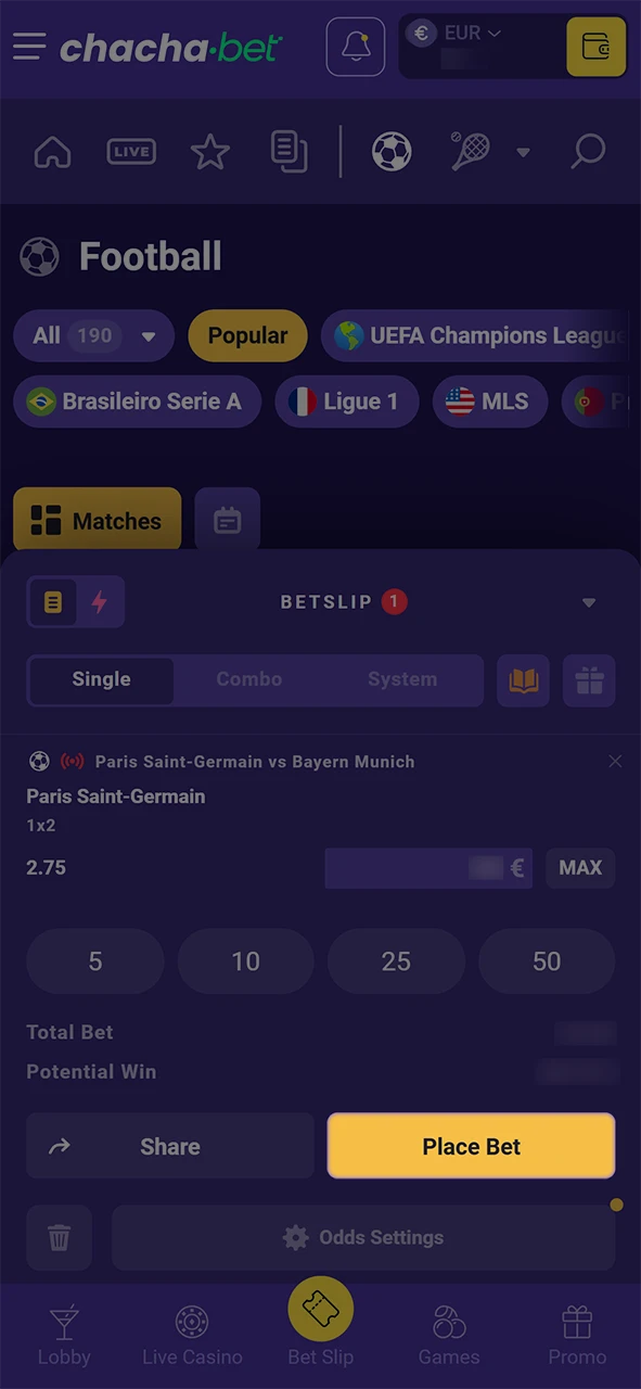 Bevestig je inzet en plaats je weddenschap op voetbal via ChachaBet.