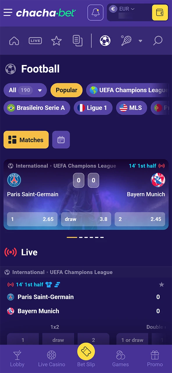 Kies een specifieke voetbal competitie bij ChachaBet om je favoriete wedstrijd te vinden.