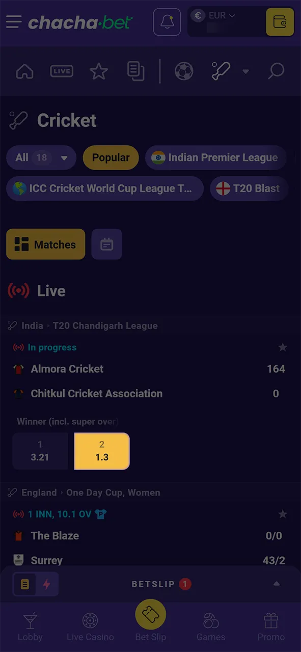 Kies een competitie en wedstrijd bij Chachabet binnen de Cricket sectie.