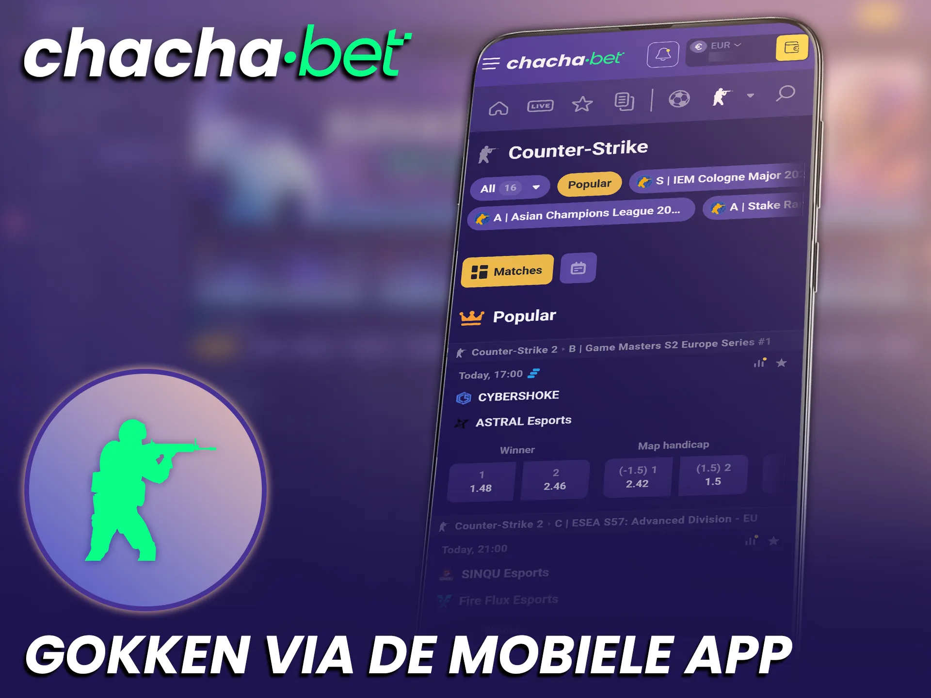 Gebruik de ChachaBet mobiele app om overal op CS2 wedstrijden te gokken.