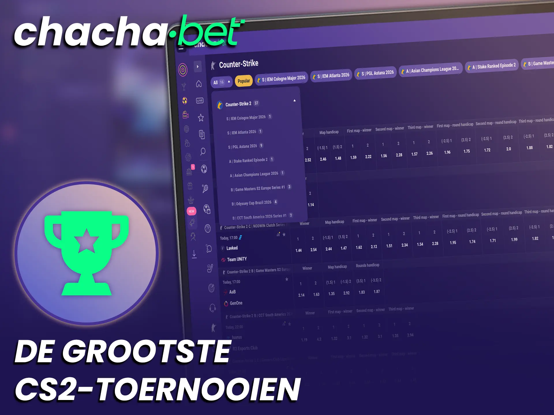 Zet in op de grootste wereldwijde CS2-Toernooien via het ChachaBet platform.