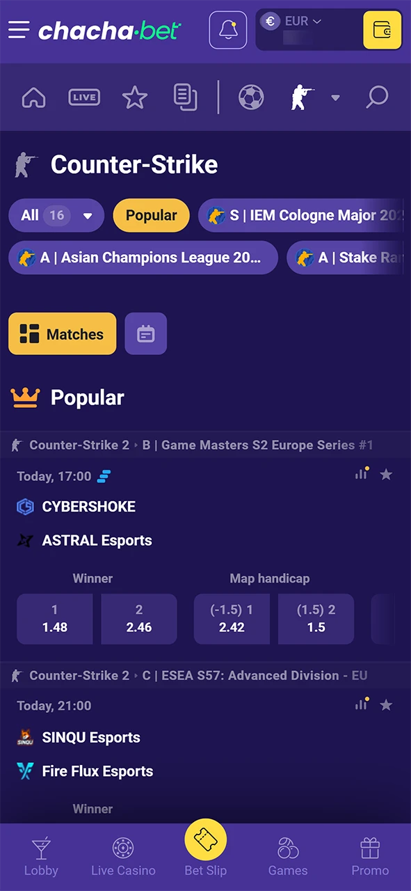 Navigeer naar de uitgebreide esports-sectie voor de beste CS2 markten bij ChachaBet.