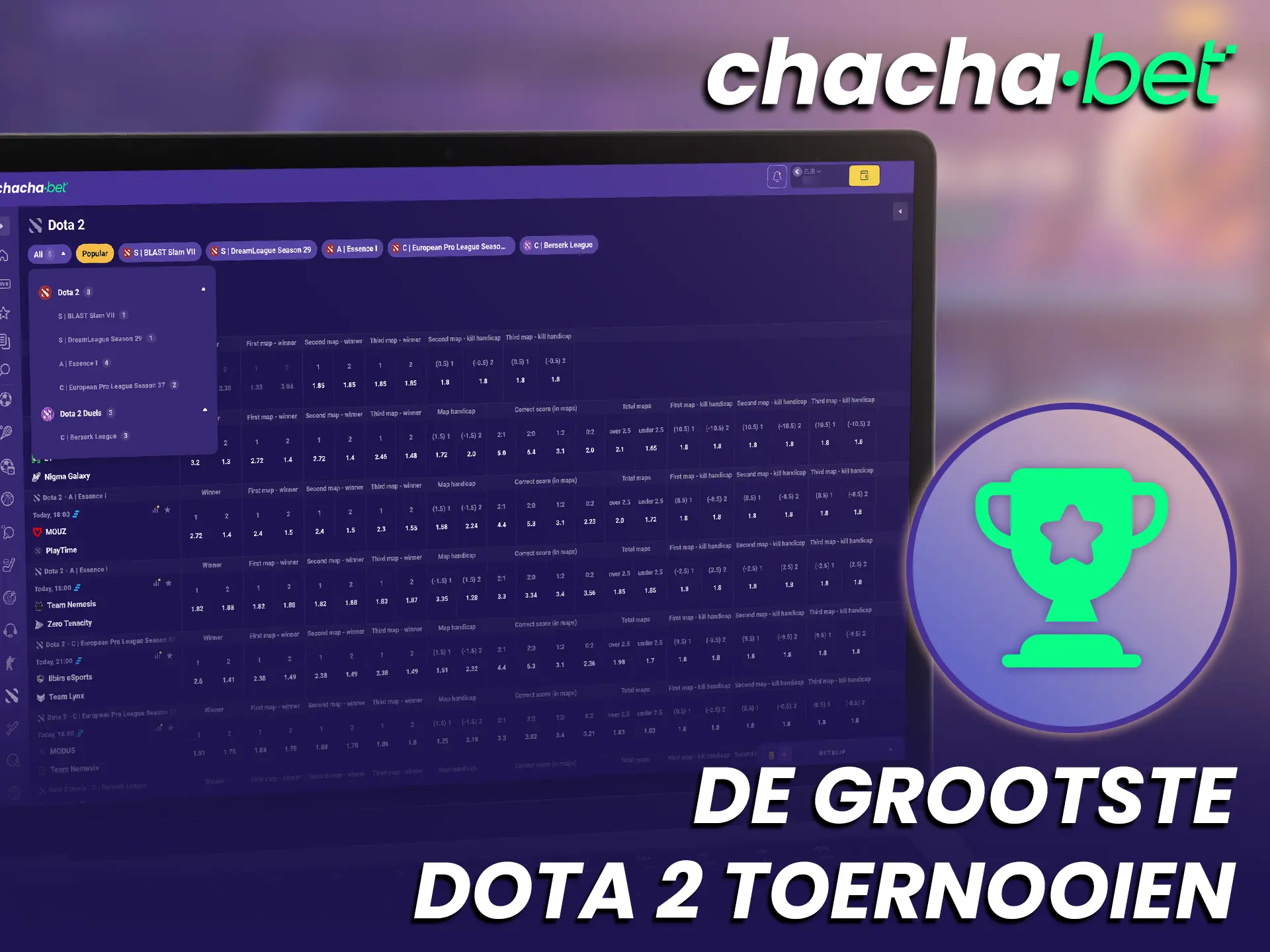 Zet in op de meest prestigieuze Dota 2 toernooien via het ChachaBet platform.