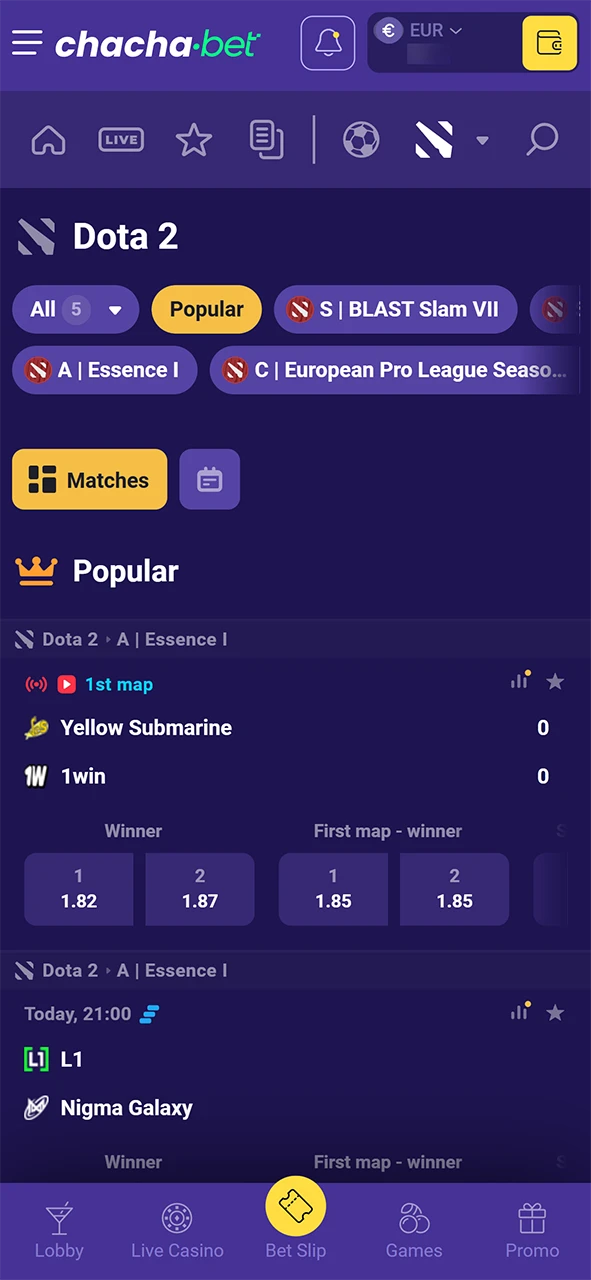 Ga direct naar de gespecialiseerde Dota 2-sectie op het platform van ChachaBet.