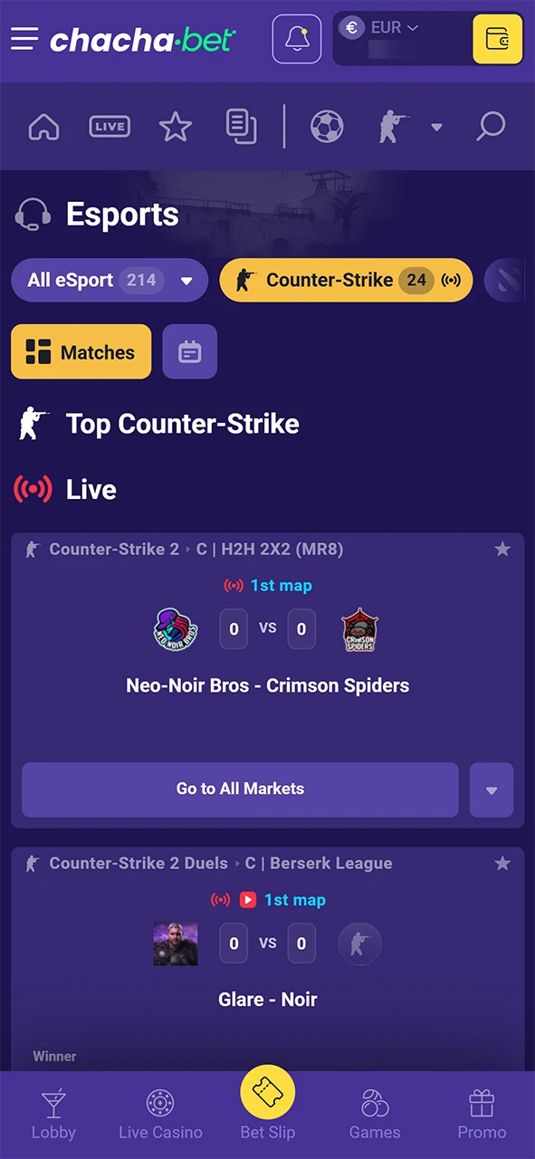 Ga naar het uitgebreide esports aanbod en plaats je weddenschap bij ChachaBet.