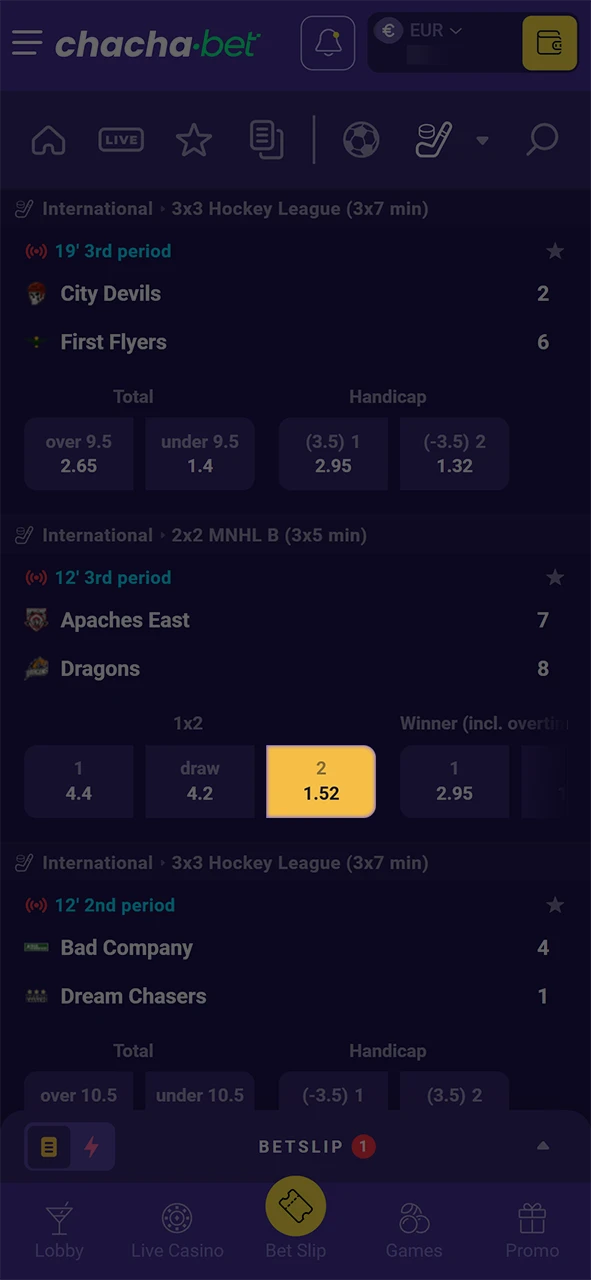 Kies je markt en inzet bij Chachabet voor jouw favoriete IJshockey team.