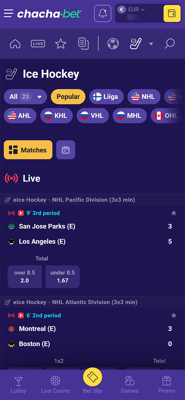 Navigeer naar IJshockey in het Chachabet menu voor alle actuele wedstrijden.