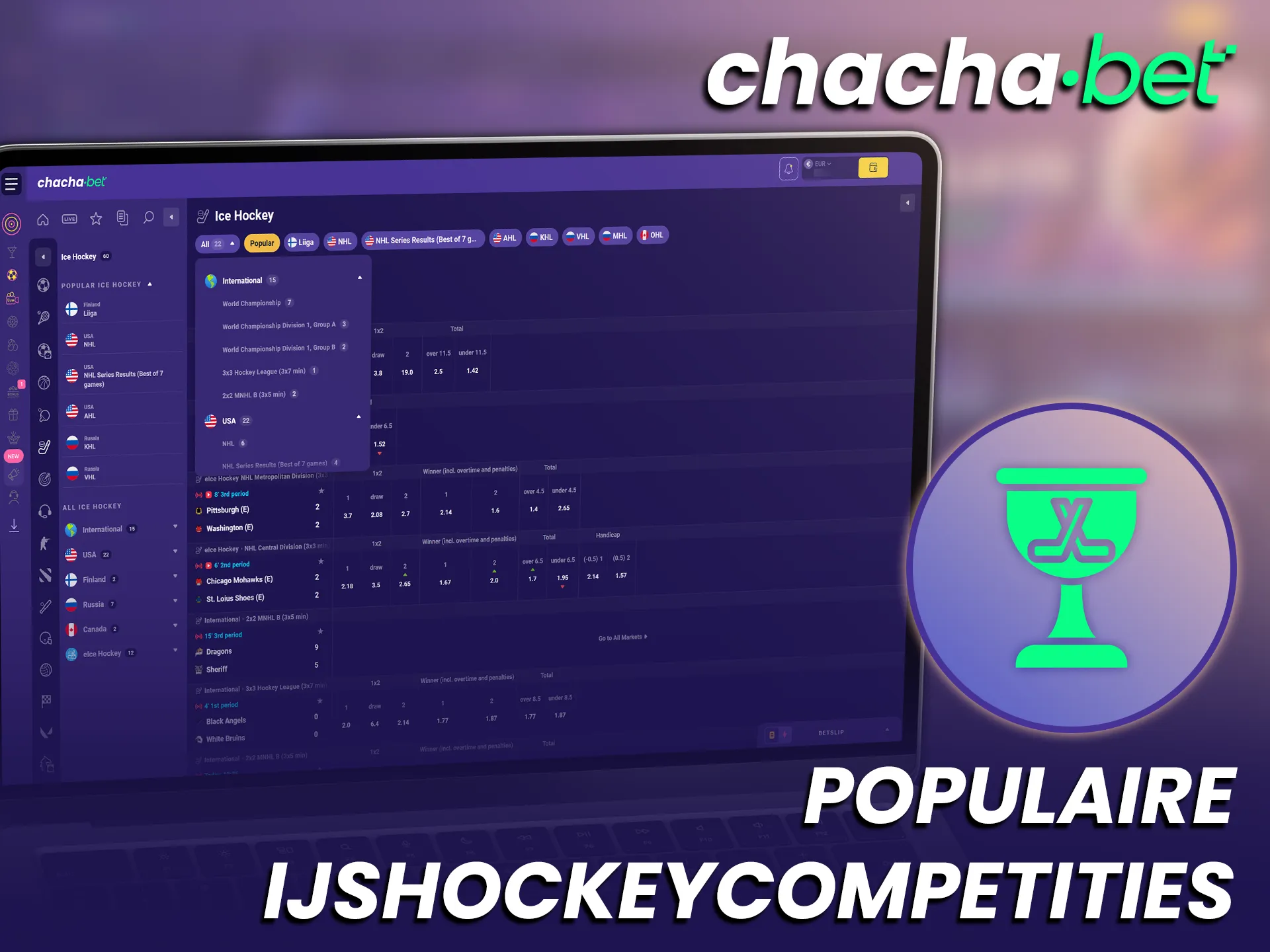 Zet in op de meest populaire IJshockeycompetities bij Chachabet en win.