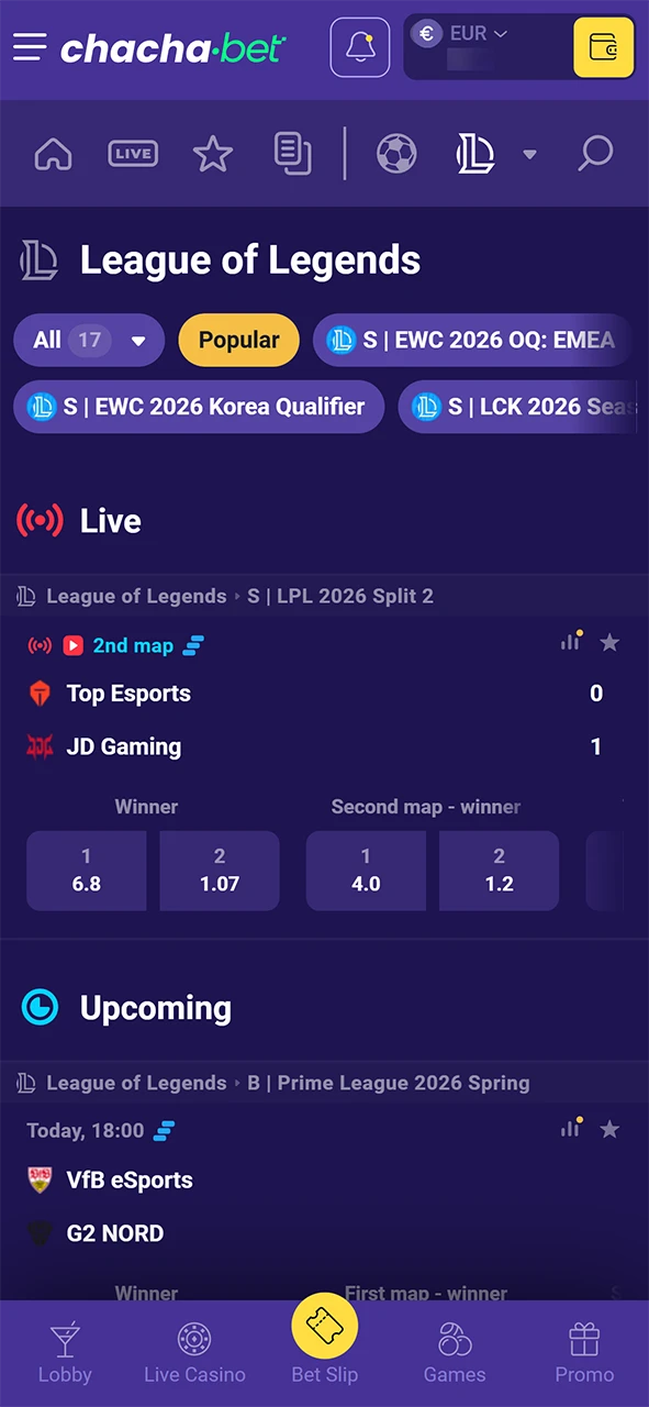 Ga naar het volledige League of Legends aanbod en kies je favoriete match bij ChachaBet.