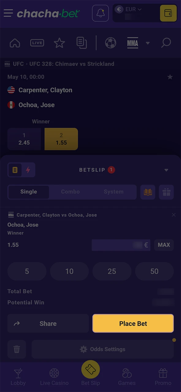 Bevestig je definitieve MMA inzet bij Chachabet en volg de actie live.