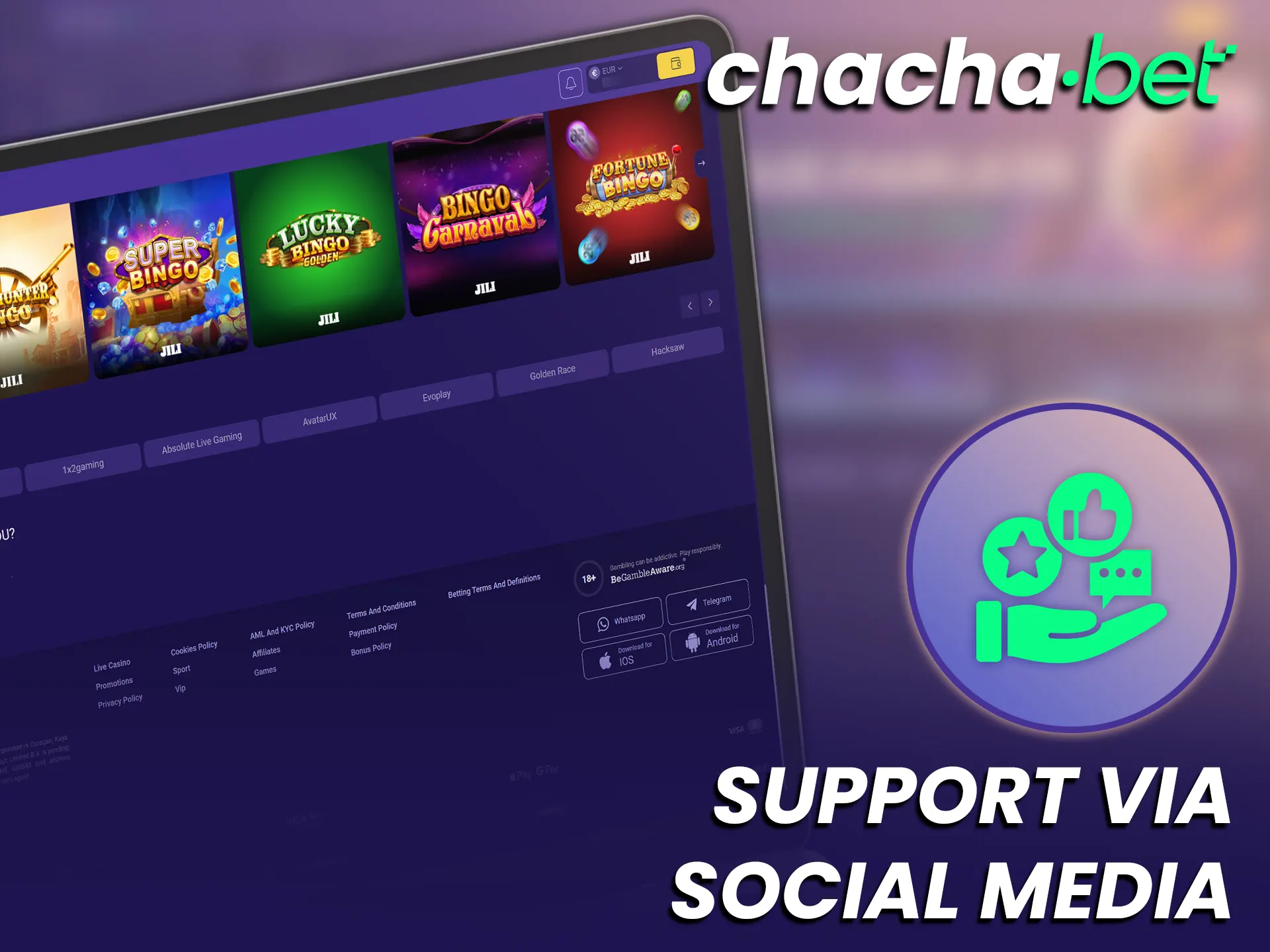 Gebruik sociale media of berichtenapps om eenvoudig verbinding te maken met de ChachaBet ondersteuning.