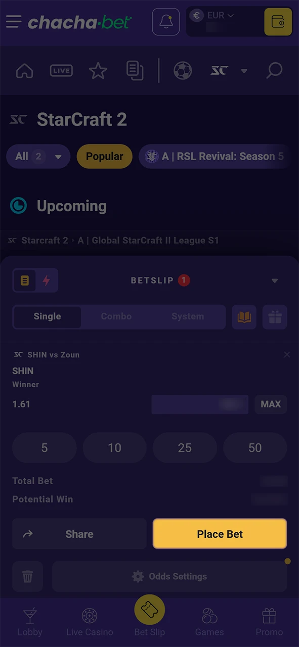 Selecteer je voorspelling en bevestig je StarCraft II weddenschap bij ChachaBet.
