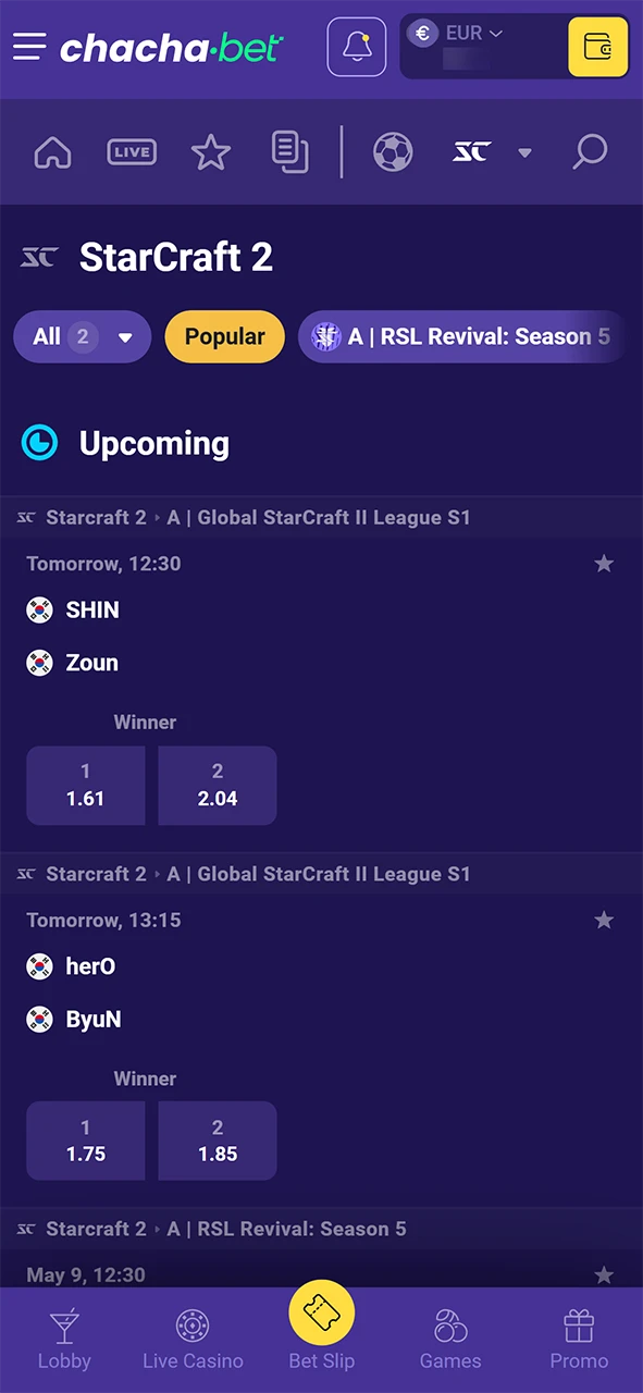 Open de esports-sectie en vind de beste StarCraft II markten bij ChachaBet.