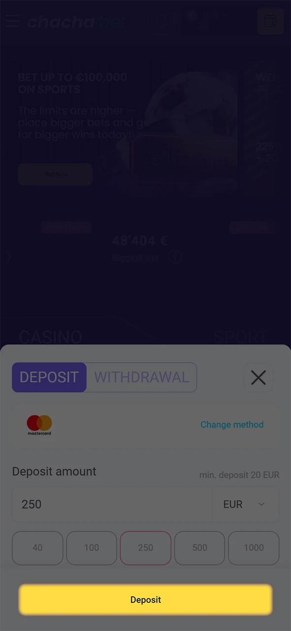 Bevestig de transactie bij ChachaBet en begin meteen met spelen.